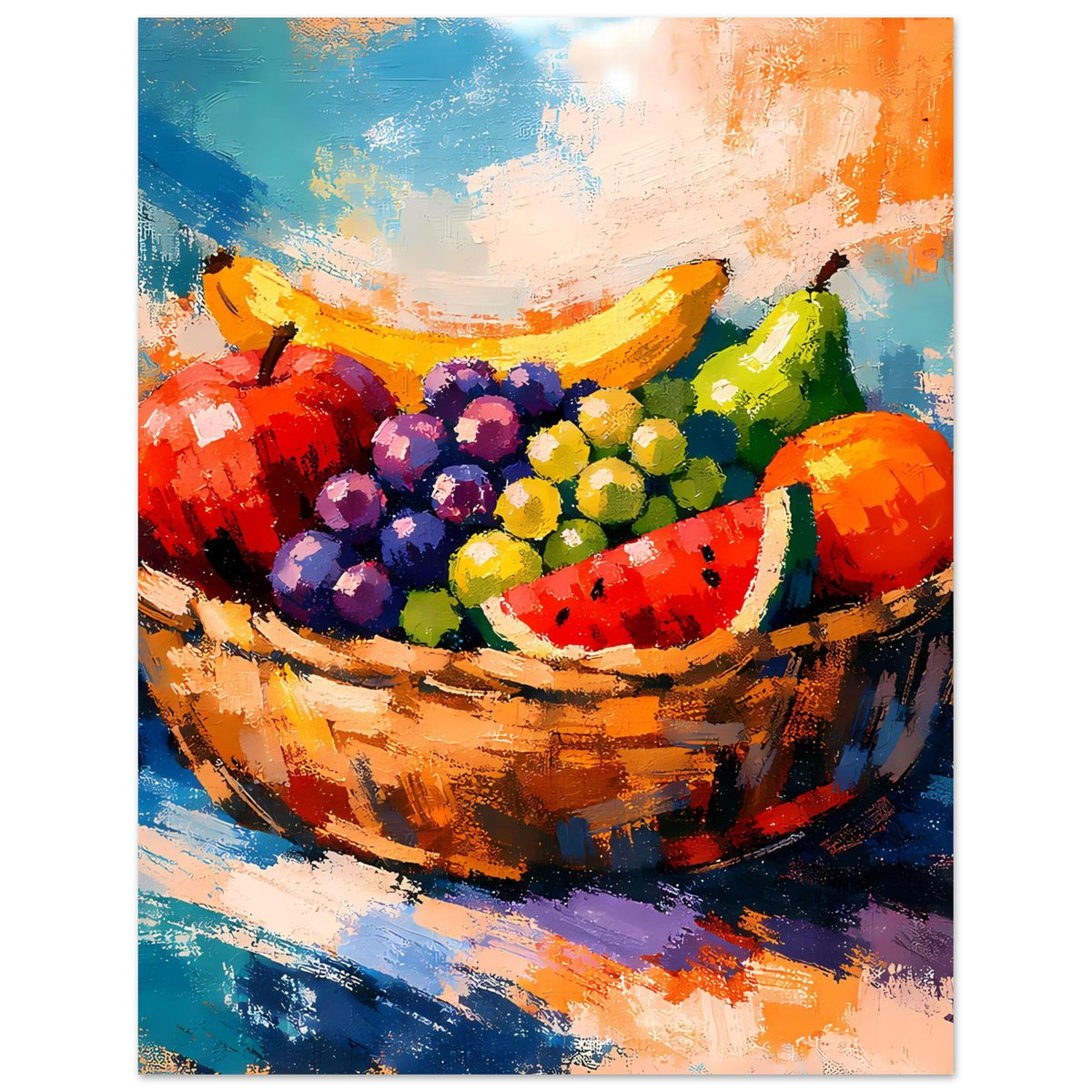 Poster mit farbenfrohem Früchtekorb, bunten Trauben und Wassermelonenstück in Öloptik