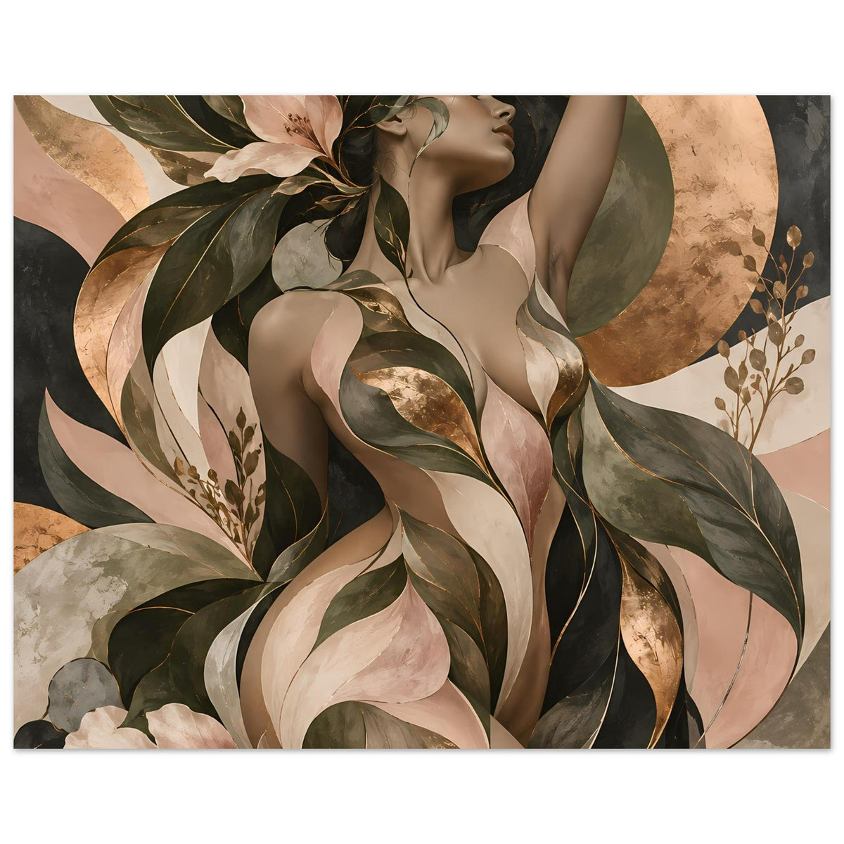 Poster mit botanischem Frauenakt, Gesicht im Blätterkranz, Erdtöne und Gold