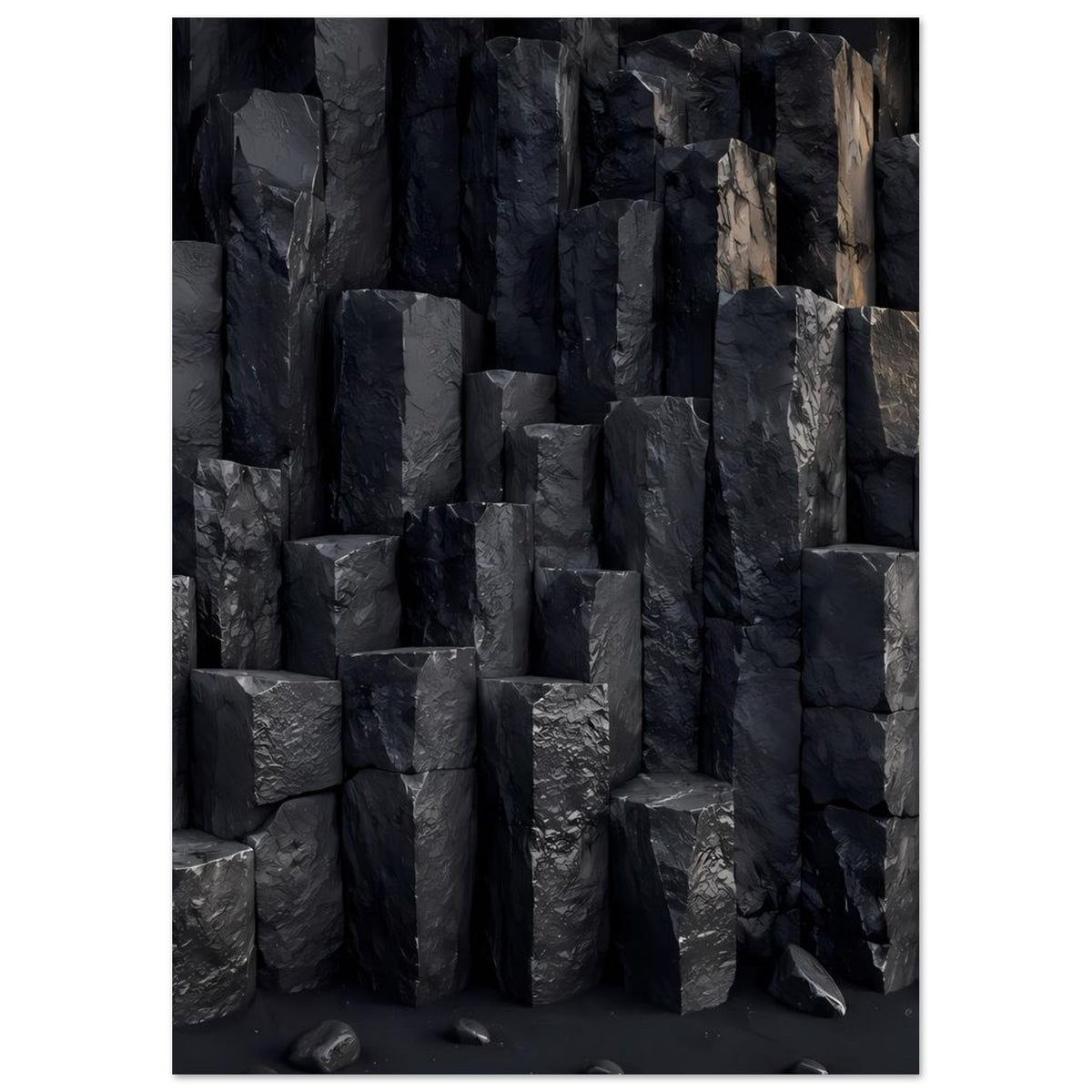 Naturposter mit dunkler Basaltsäulenfront und geometrischen Gesteinsblöcken
