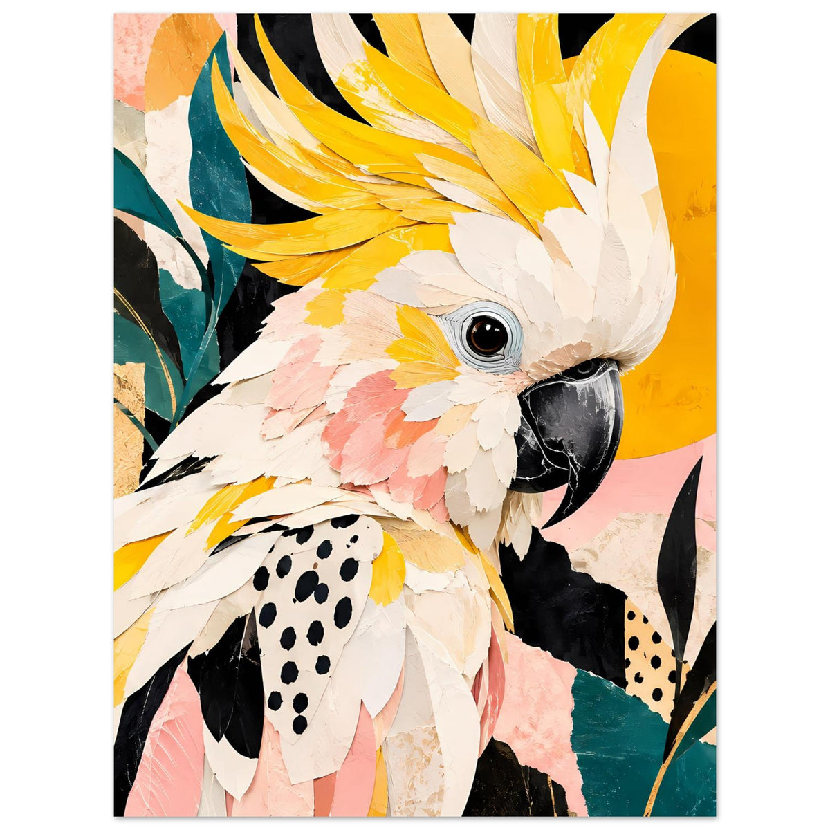 Poster mit Kakadu-Motiv, leuchtend gelber Federkranz, rosa Hintergrund und schwarze Schnauze