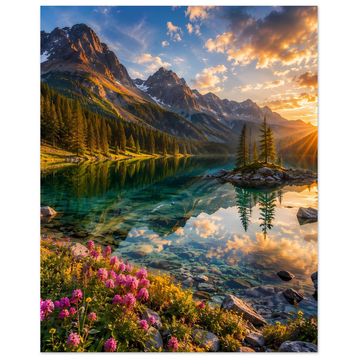 Poster: Bergsee bei Sonnenuntergang, Bauminsel im Wasser und Blumen am Ufer