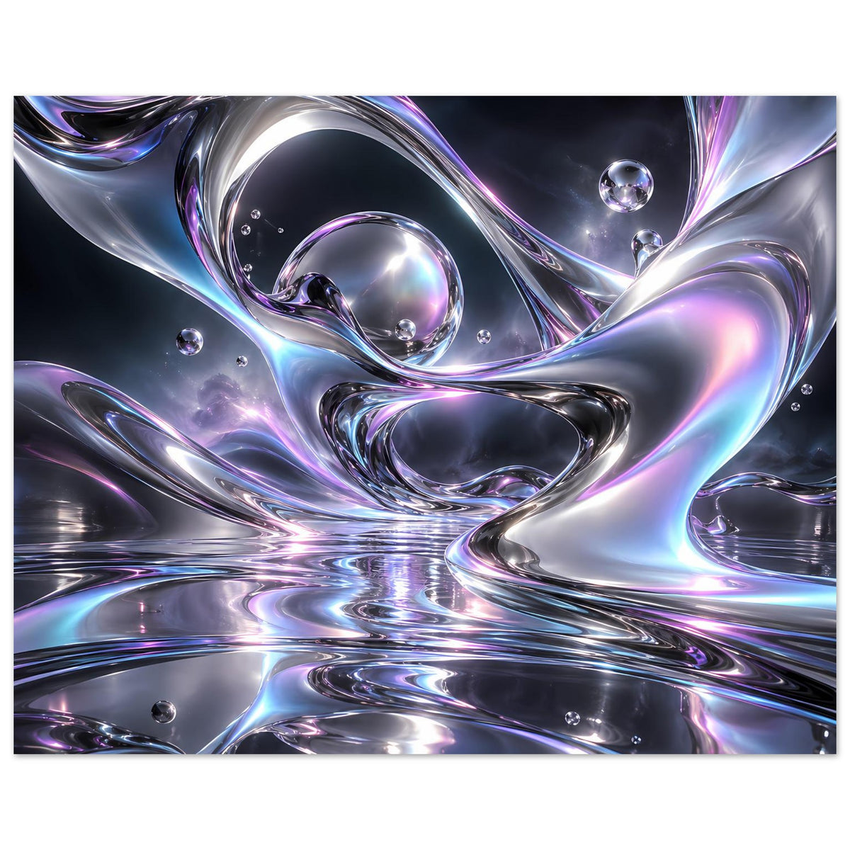 Chrom-Liquid-Poster (Querformat) mit Wellenwirbel, funkelnden Tropfen und Reflexen