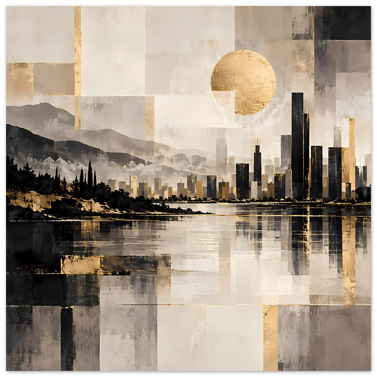 Abstraktes Cityscape-Poster mit goldener Sonne, dunkler Skyline und spiegelndem Fluss