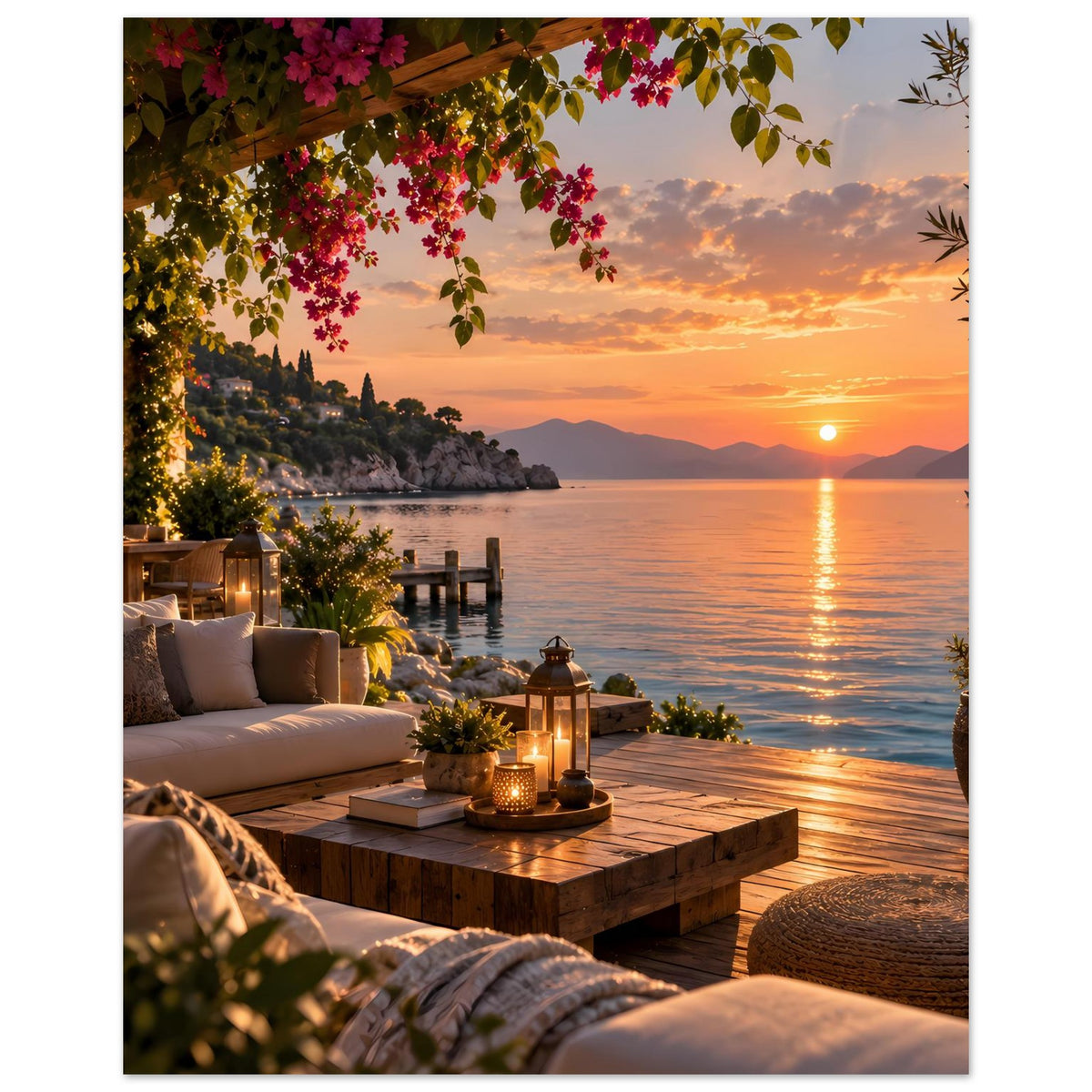 Poster mit mediterraner Terrasse, Laternen, pinken Blüten über Wasser und Abendhimmel