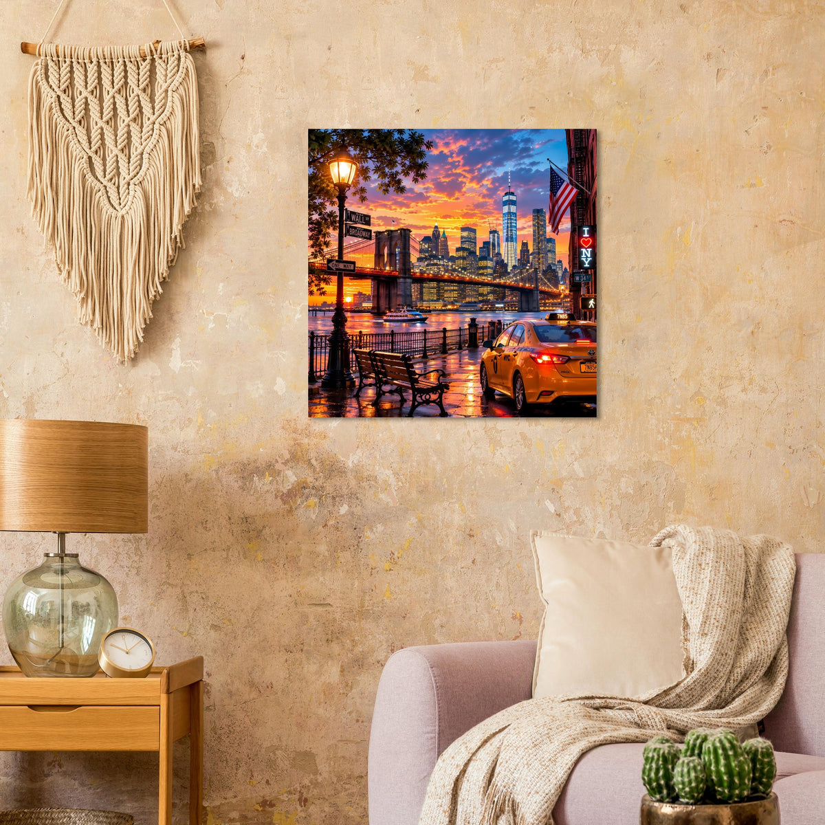 Wandposter mit New-York-City-Skyline bei Sonnenuntergang, orangefarbenes Taxi an der Uferpromenade