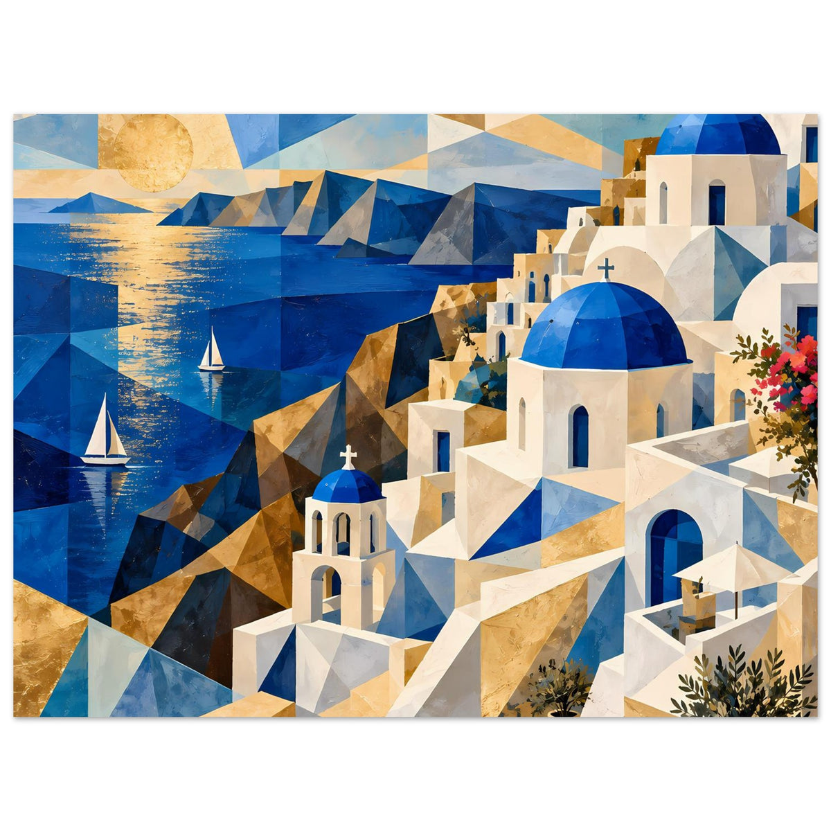 Geometrisches Poster mit blauem Wasser, goldenen Formen und weißen Treppenkirchen
