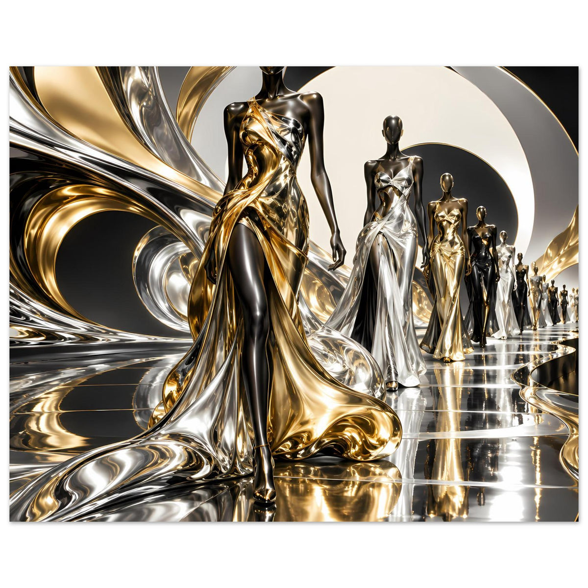 Poster mit gold- und silberfarbenen abstrakten Figuren, gewellte Reflexionen und Lichterkreis