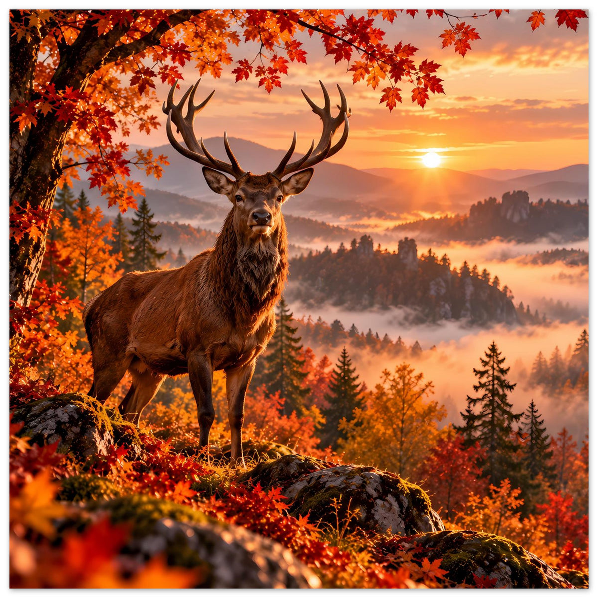 Herbstliches Hirschposter: brauner Hirsch vor Bergen, orange Blätter und tiefes Sonnenlicht