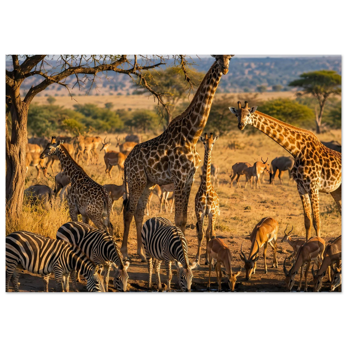Tierwelt-Poster im Querformat mit Giraffen, Zebras, Antilopen und Wasserreflexion