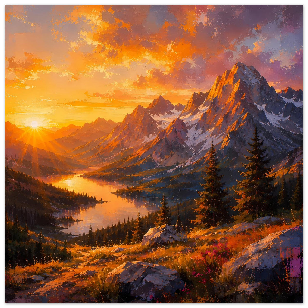 Poster mit Bergkette und spiegeltrem See bei Sonnenuntergang, orangefarbene Wolken