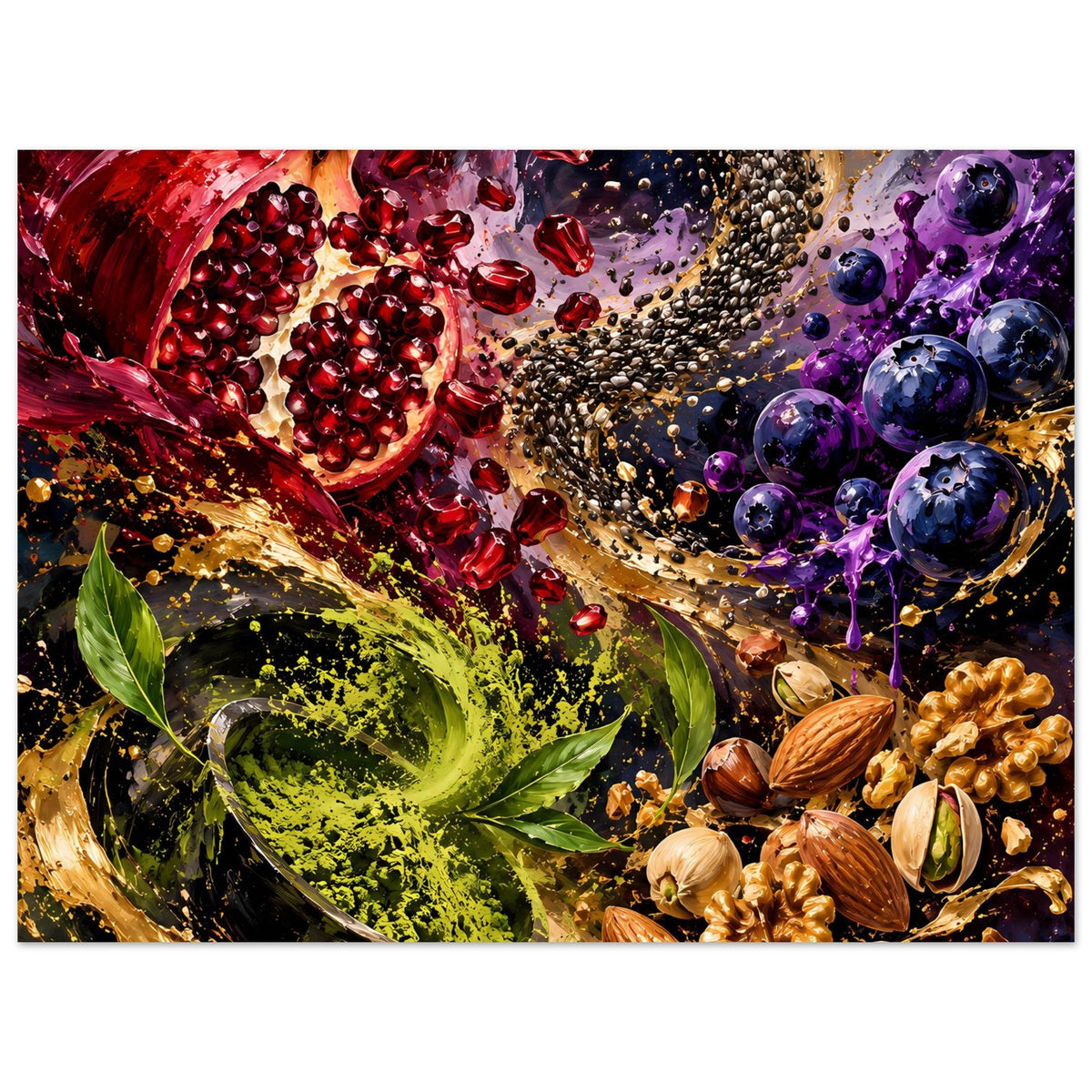 Querformat-Poster: Granatapfelkerne, violette Beeren, goldene Sprenkel und grünes Blattmotiv