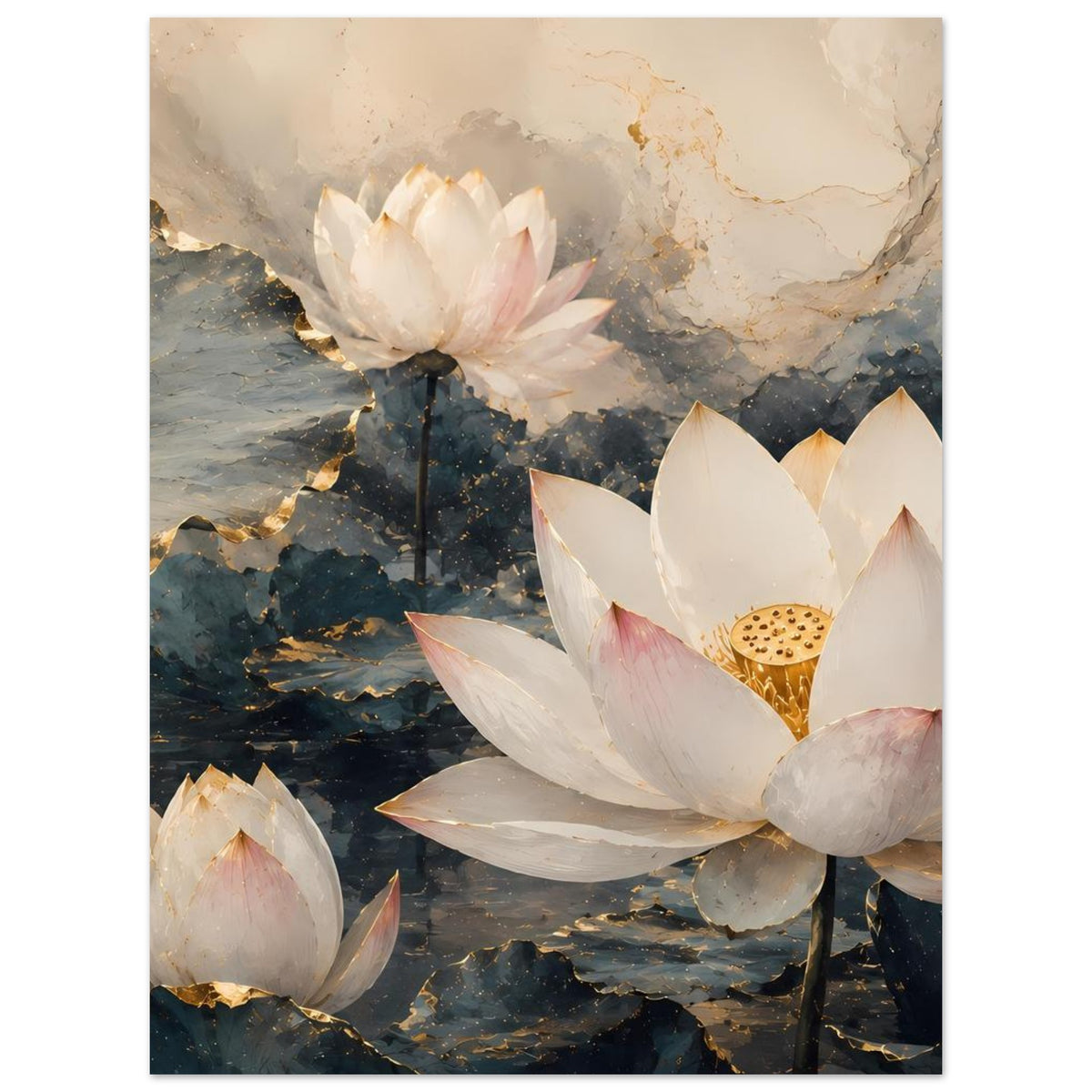 Vertikales Lotusblumen-Poster mit Goldakzenten und dunklem Hintergrund