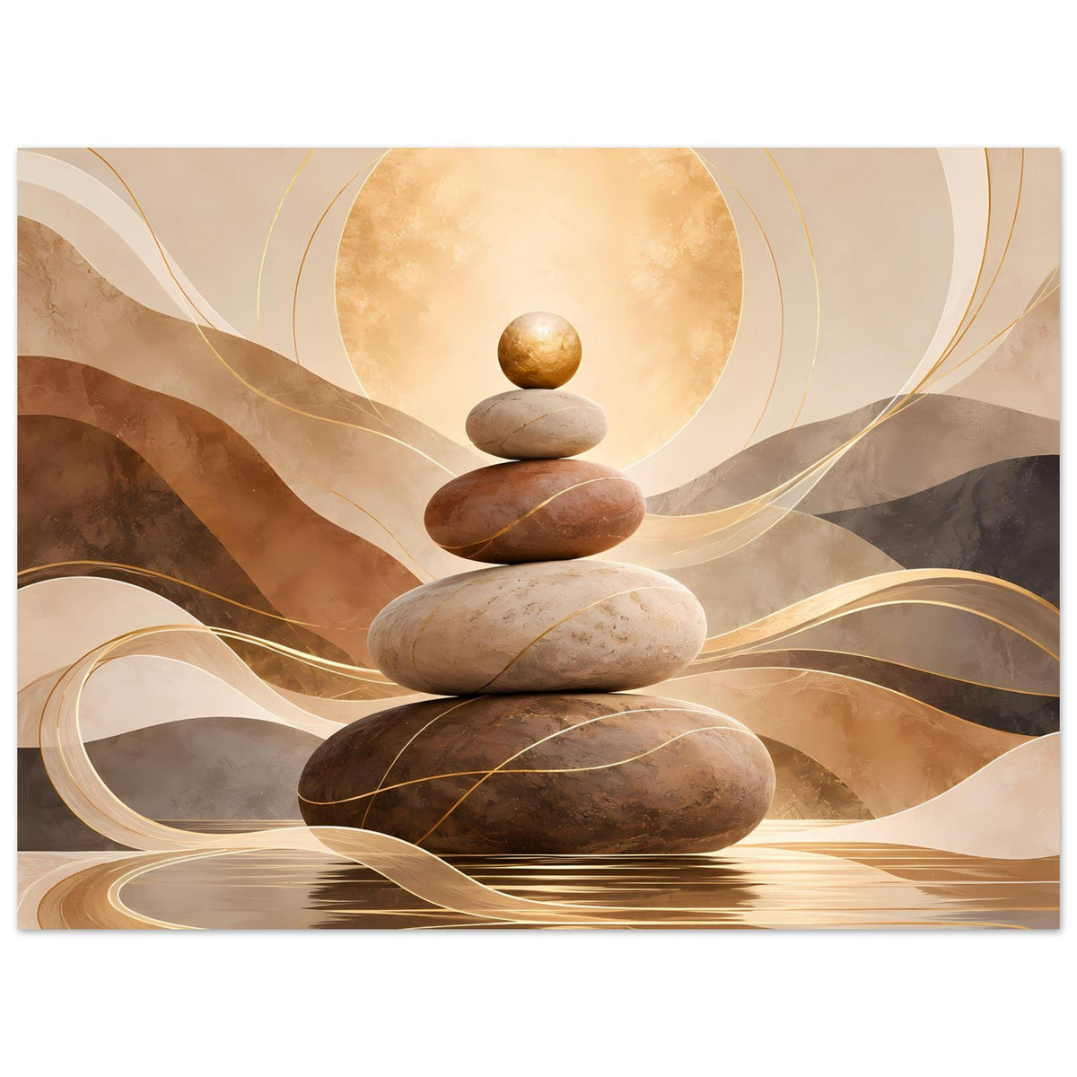 Zen-Poster mit Steinpyramide, abstrakten Kreisen und goldenen Akzenten in Beige