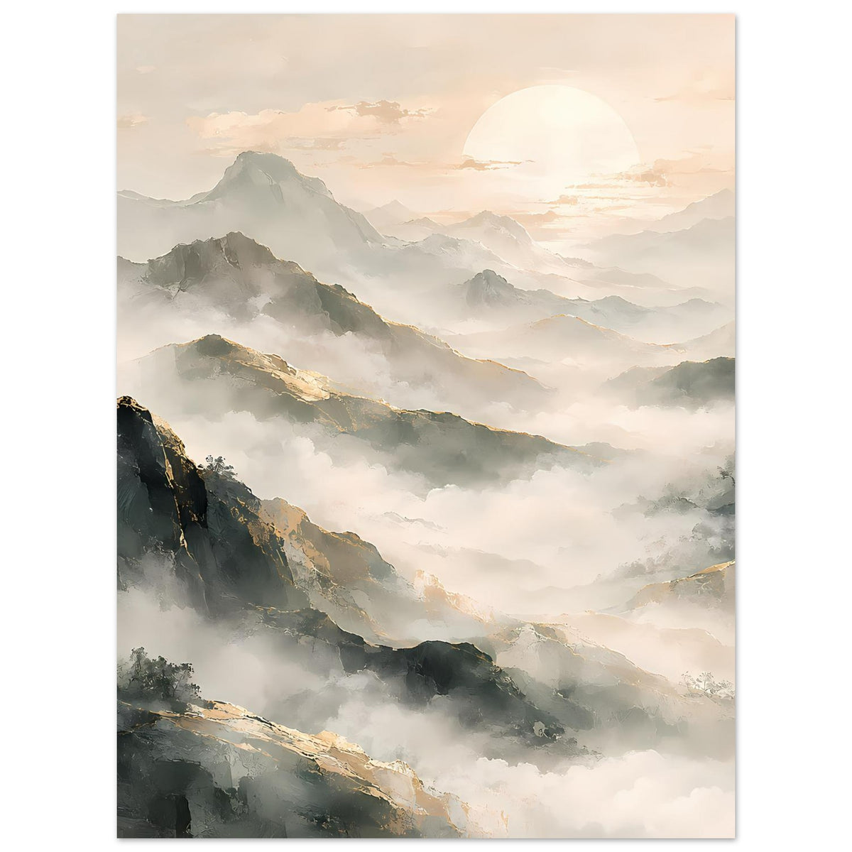 Bergpanorama-Poster, Hochformat: nebelige Berglandschaft, dunkle Felsen, sanfte Pastelltöne.