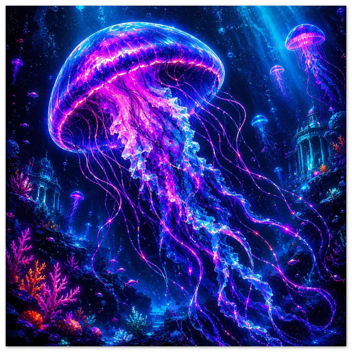 Leuchtendes Qualllenmotiv im Querformat mit großen violett-blauen Lichttentakeln