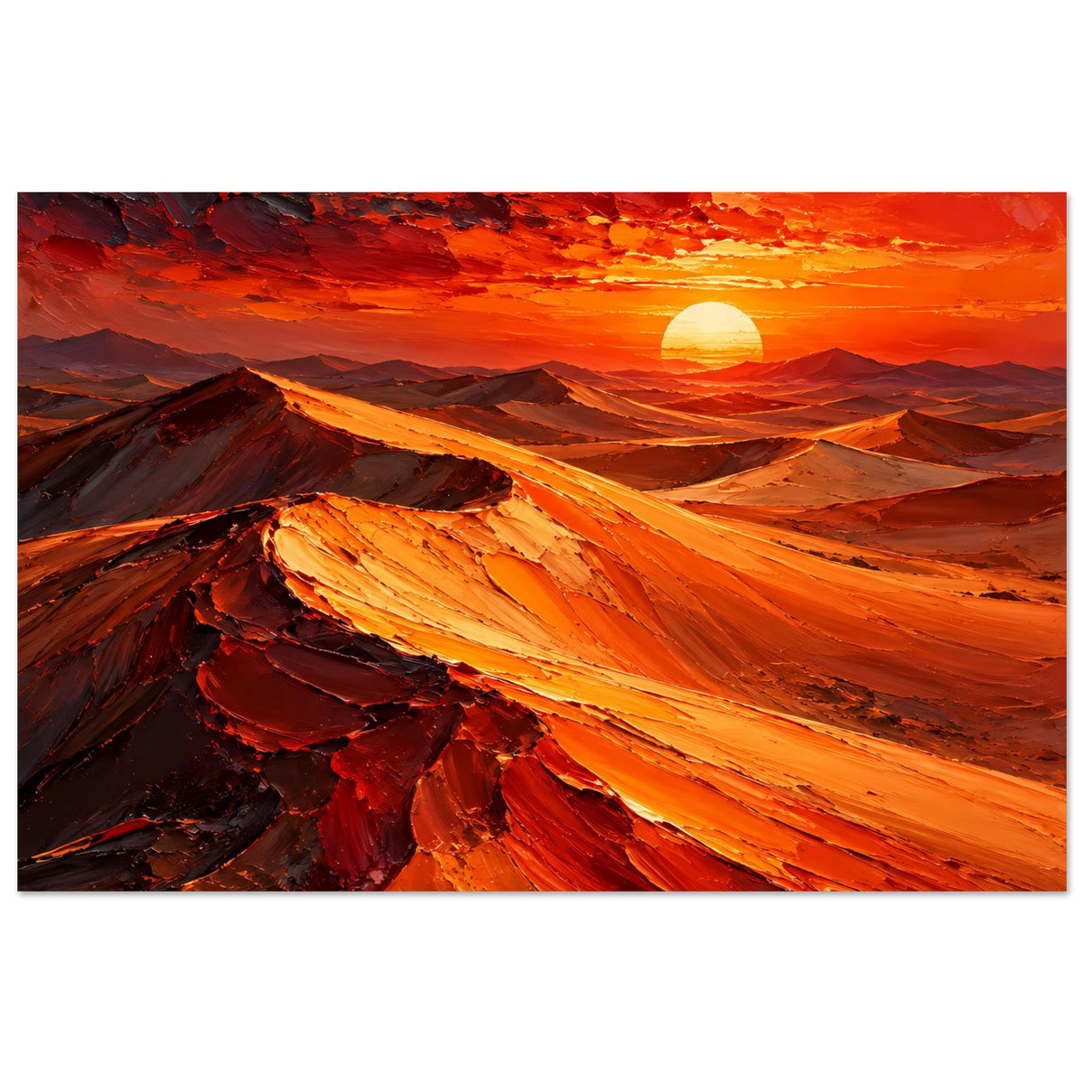 Horizontales Poster: Wüstenlandschaft mit orange-roter Sonne, kräftige Pinselstruktur