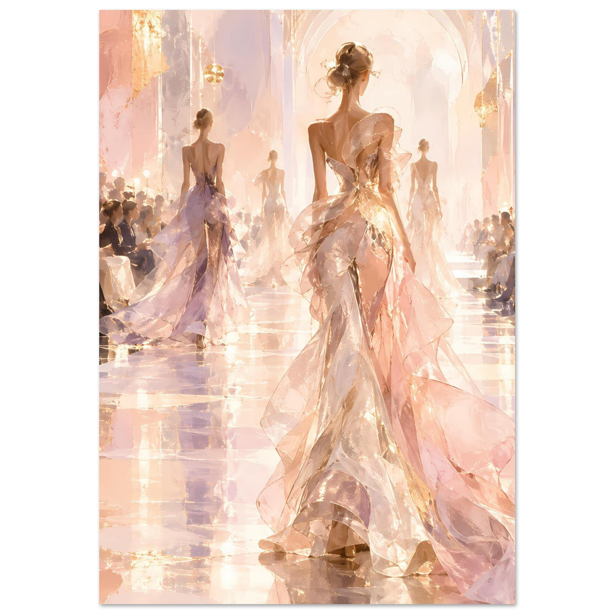 Poster mit Laufsteg-Motiv: Frau im Abendkleid, weitere Models im Hintergrund