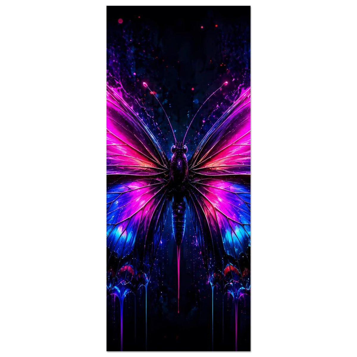 Vertikales Poster mit leuchtendem Neon-Schmetterling und farbigen Flügeln in Blau und Pink