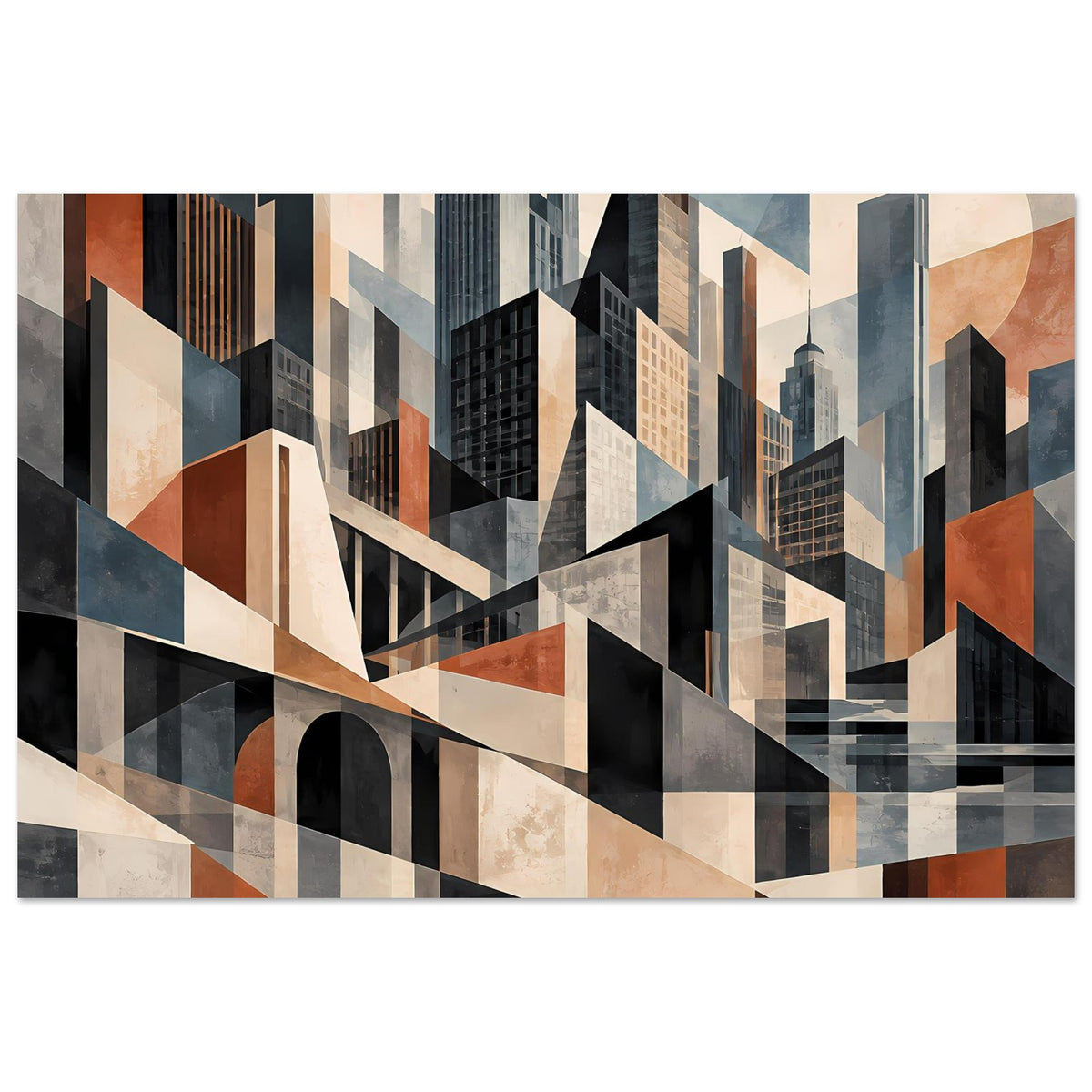 Architekturposter im abstrakten Stadtstil mit Gebäudekanten, Erdtönen und dunklen Bogenöffnungen