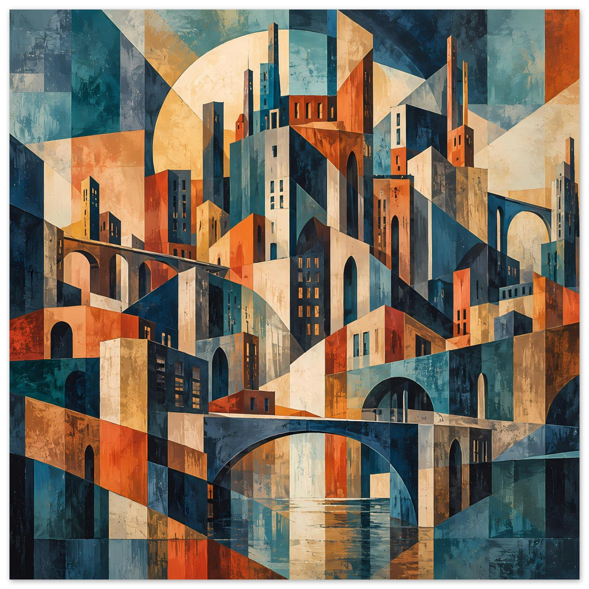 Geometrisches Stadtbild-Poster mit Fluss und Brückenbogen, Gebäuden in warmen Blau-Orange-Tönen