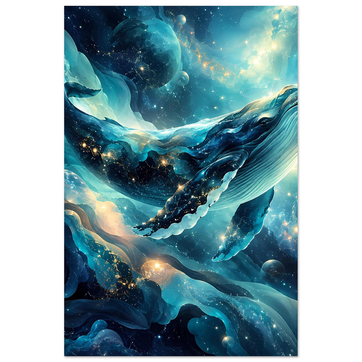 Ozean-Poster mit galaktischem Wal, blaues Motiv mit goldfarbenen Lichtakzenten