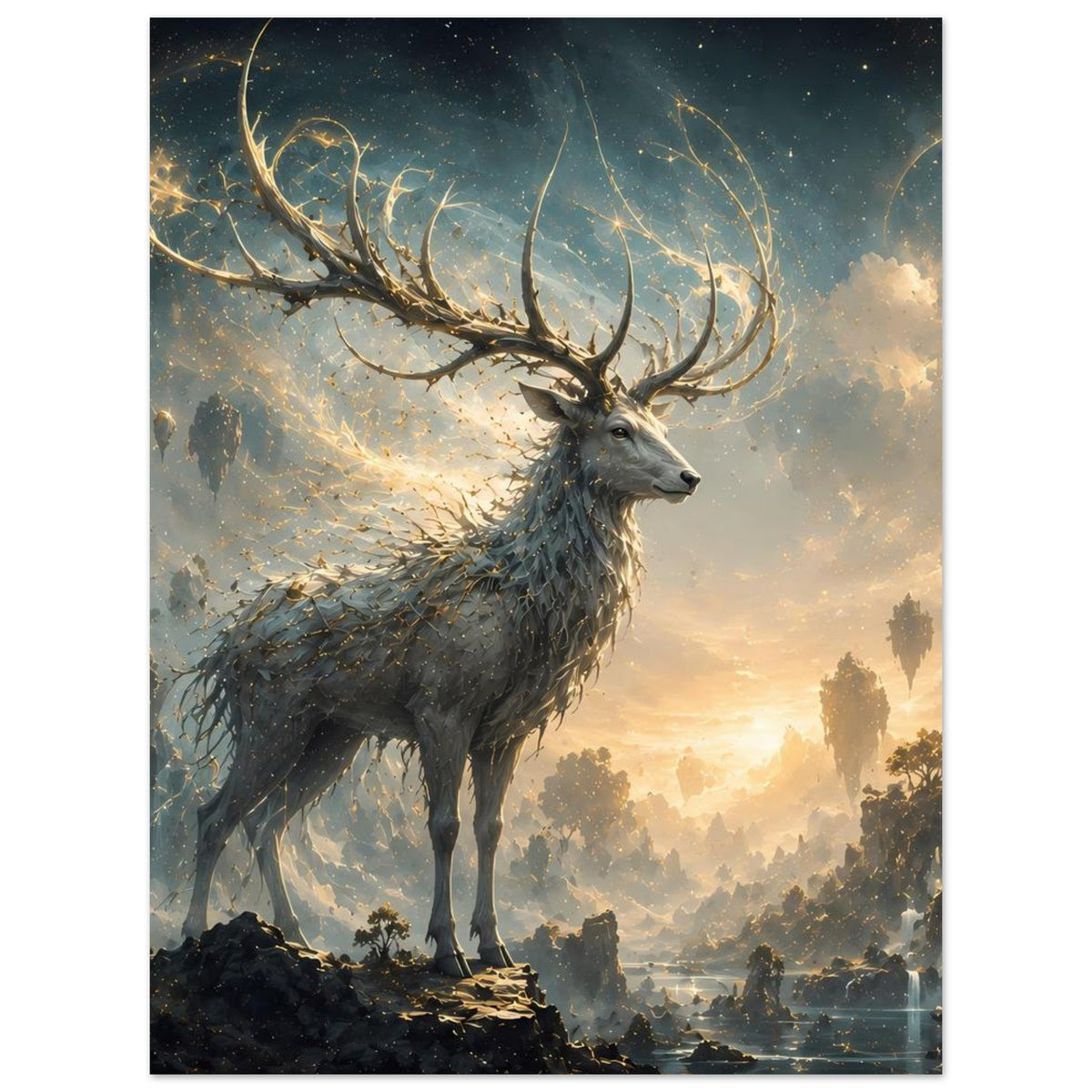 Hirsch auf Fantasy-Poster mit gold leuchtenden Geweihlinien, seitlicher Kopf Blick