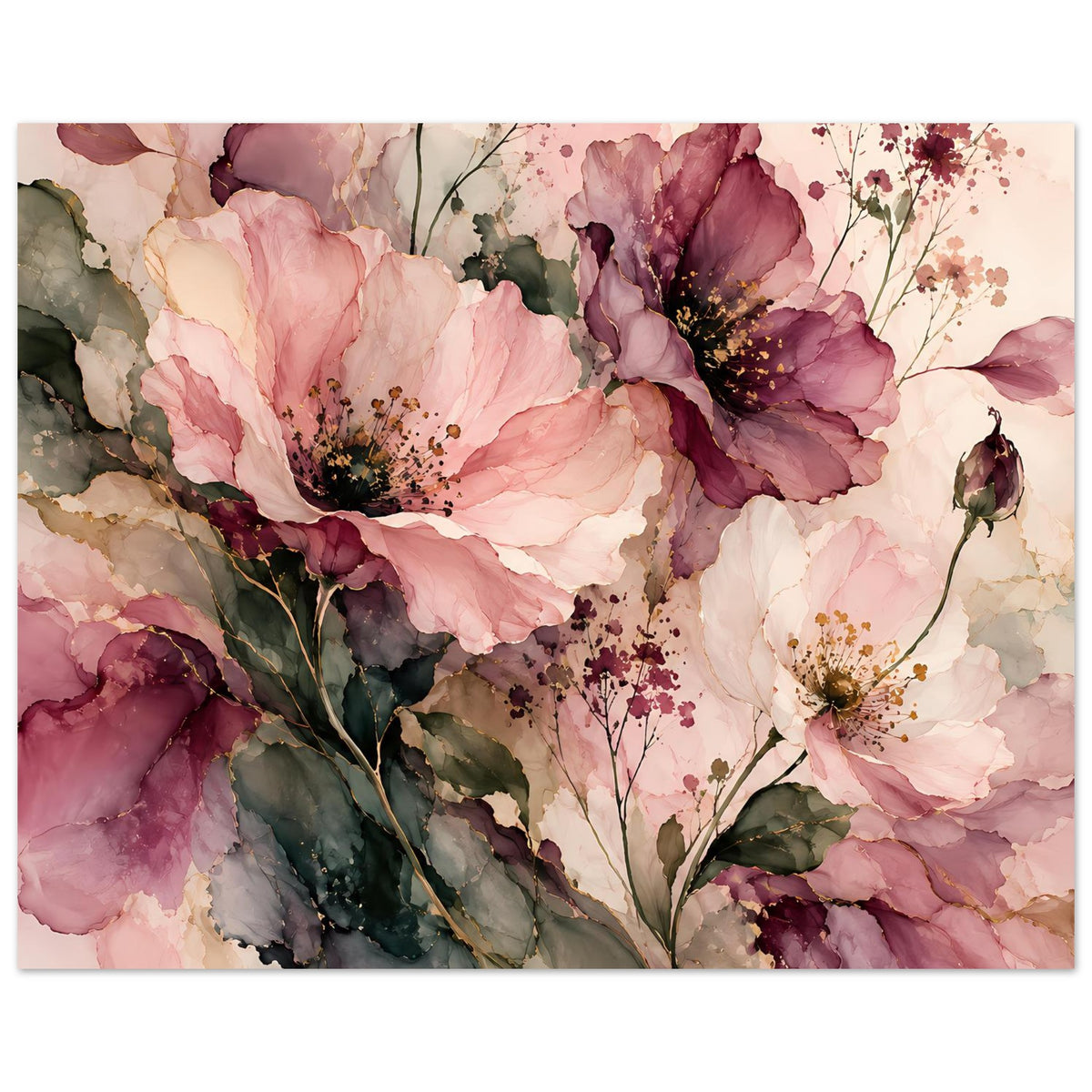 Blumenposter mit rosafarbenen und bordeauxroten Blüten, grünen Blättern und Blütenzweigen