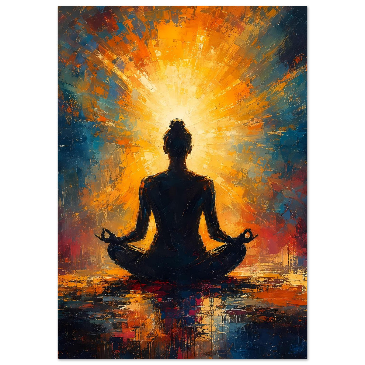 Hochkant-Poster: dunkle Meditationssilhouette im Zentrum, strahlender orangefarbener Lichtkranz
