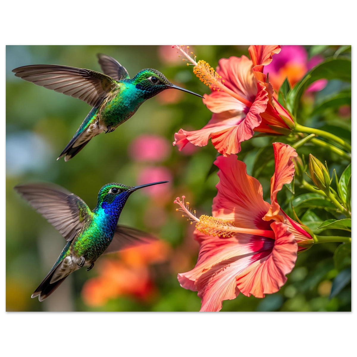 Horizontales Poster mit zwei schillernden Kolibris und leuchtenden Hibiskusblüten