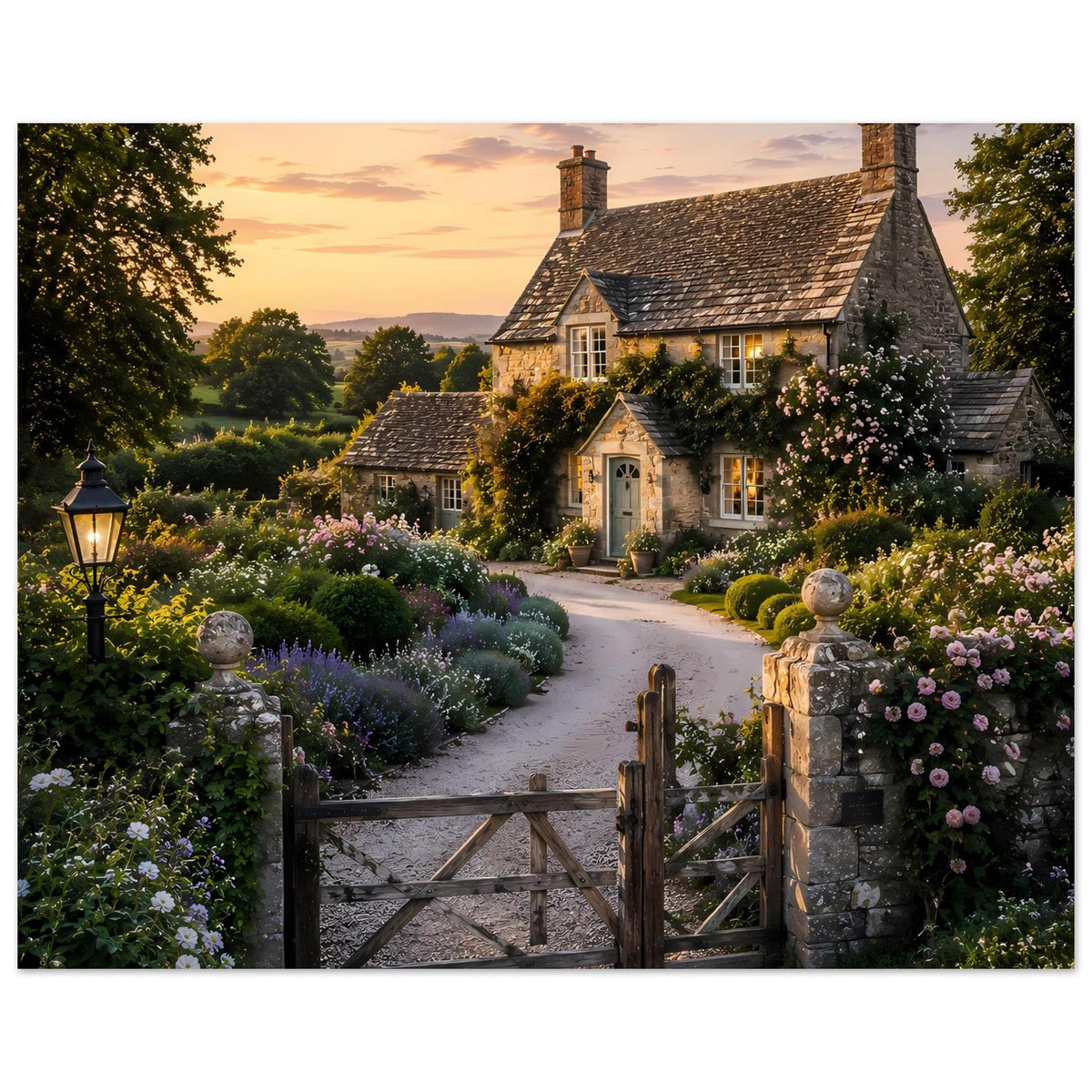 Premium-Poster im Querformat mit Cottage, Blumenrändern und Steintor im Vordergrund