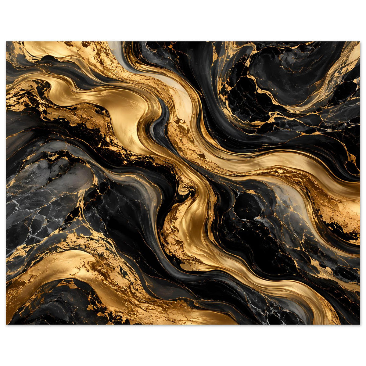 Poster mit abstraktem Goldmarmor, schwarzer Hintergrund und goldene Aderwirbel.