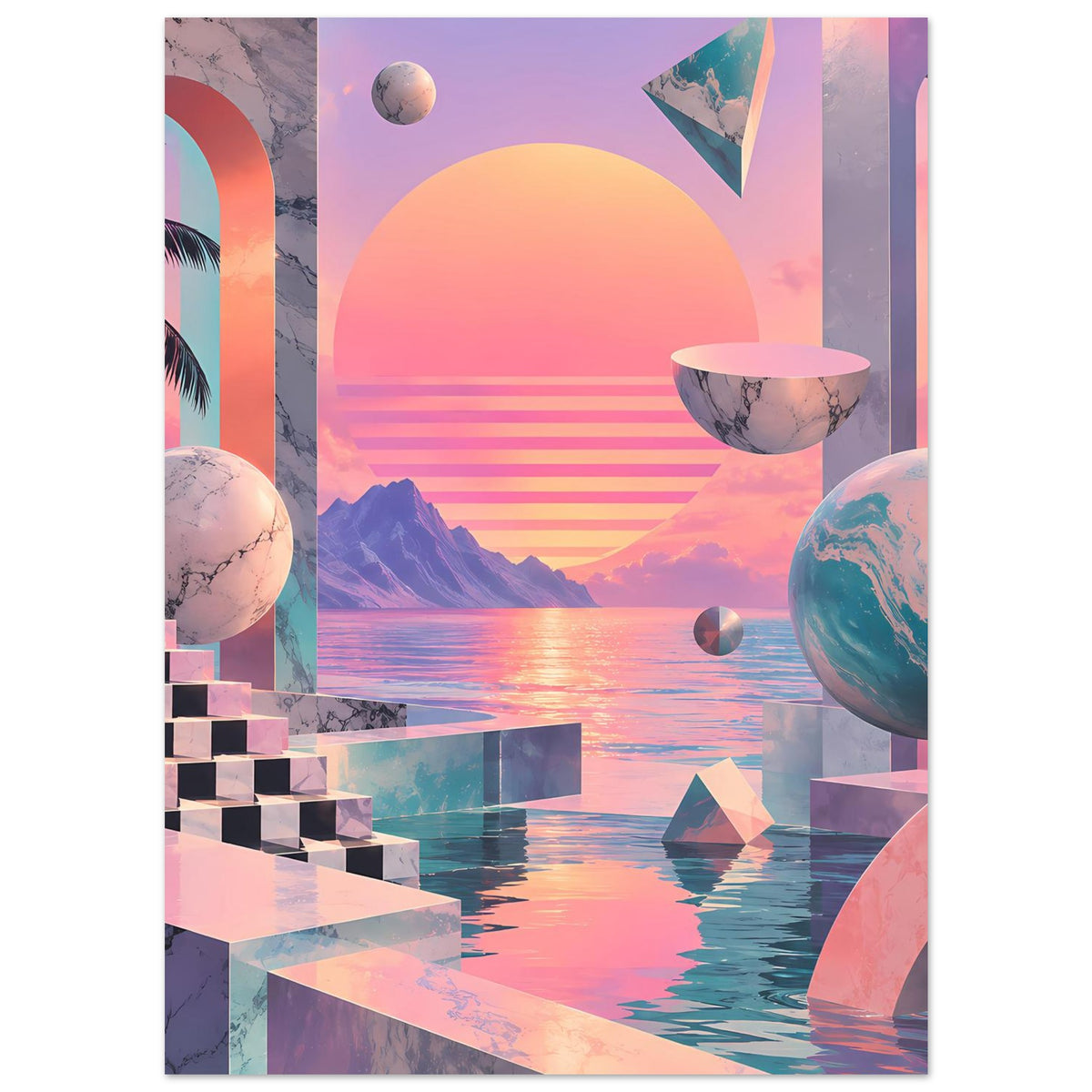 Surrealer Sunset Druck: großer Sonnenkreis, Planeten im Vordergrund, Würfelpodest links