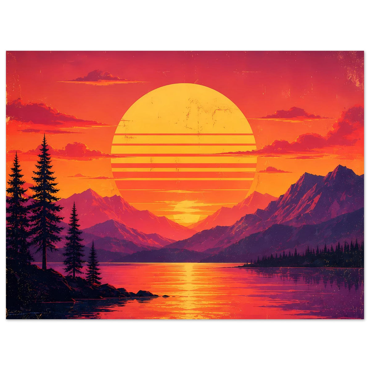 Poster Hochformat mit Sonnenkreis, Gebirge und Tannen am ruhigen See in Orange/Violett