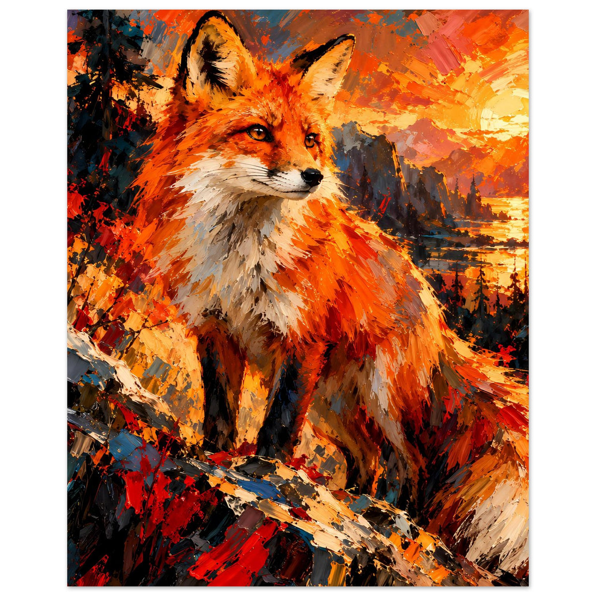 Poster mit Fuchs-Porträt, Kopf und Oberkörper im Fokus, orangebrauner Malstil