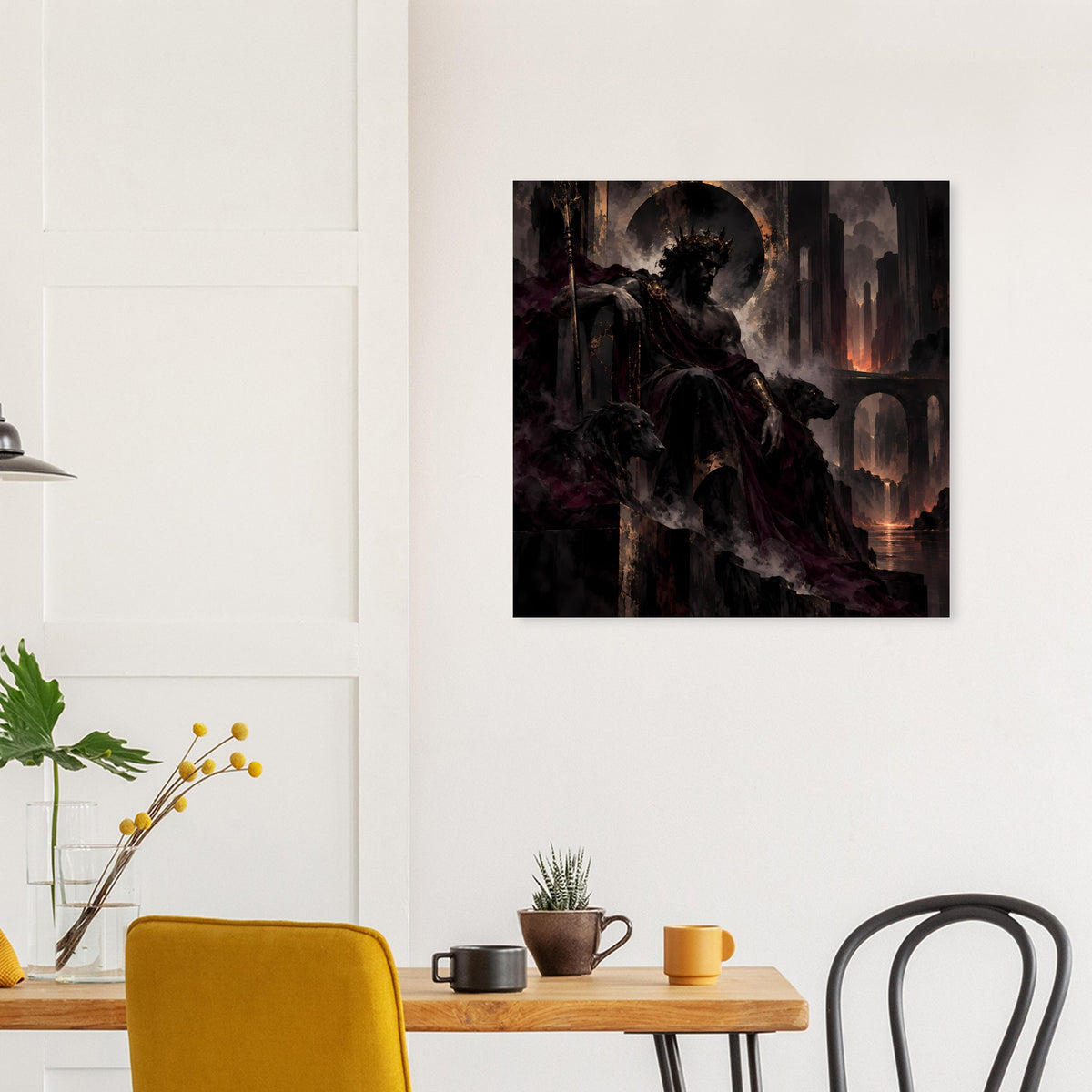 Fantasy-Poster mit dunkler Ritterfigur, Vollmondkranz und brennende Türme