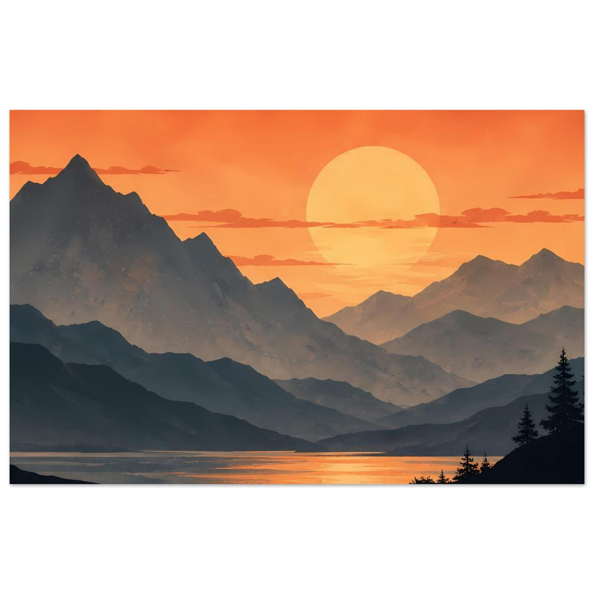 Poster mit Blick auf Berge, orangefarbenen Sonnenhimmel und Seeufer mit dunkler Silhouette