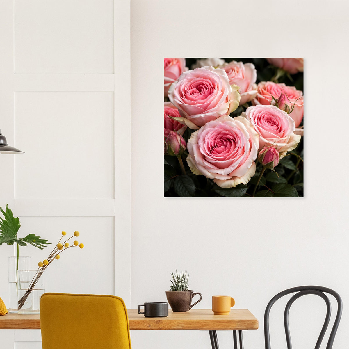 Quadratisches Poster mit rosa Rosenblüten, mittig platziert
