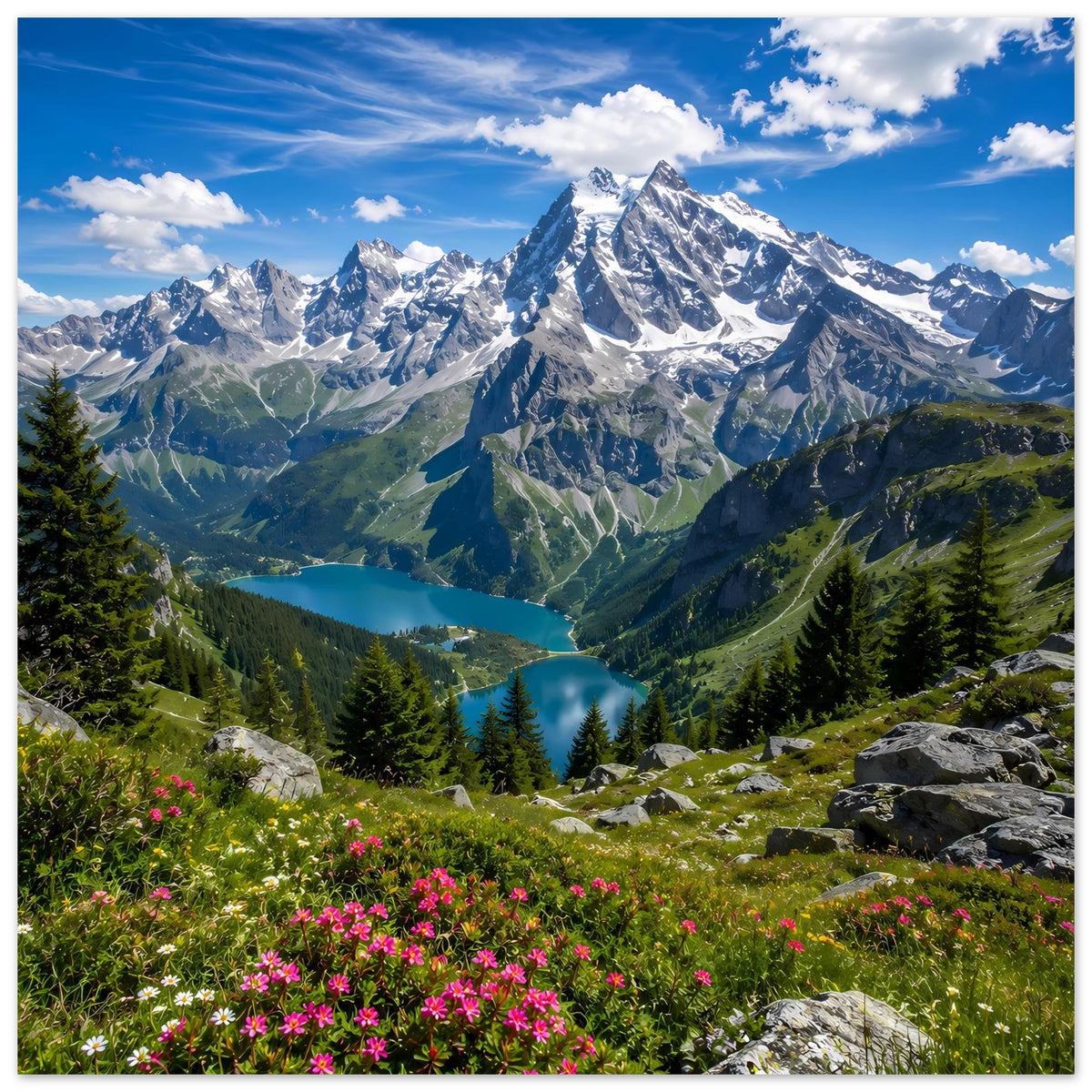 Alpenlandschaftsposter mit Himmel, schneebedeckten Bergen, Tal und pinken Blumen im Vordergrund