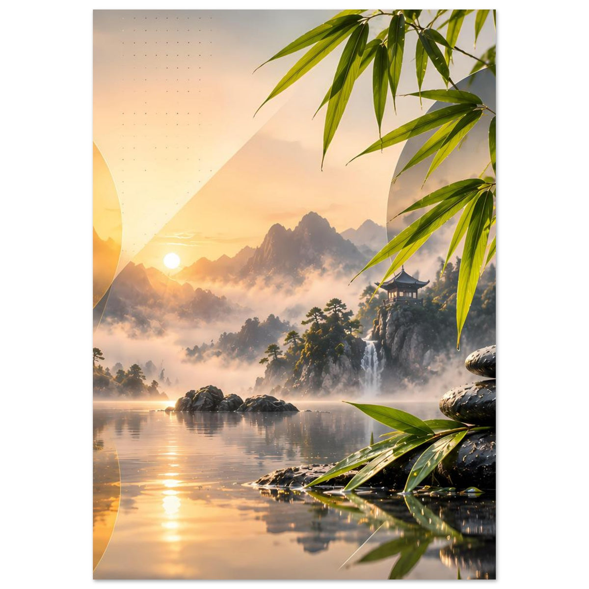 Zen-Poster mit ruhigem Bergsee, warmem Sonnenaufgang, Bambusblättern und Steinset rechts