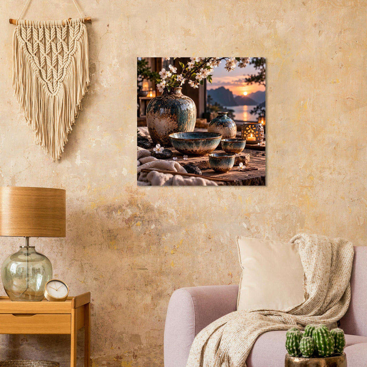 Poster mit japanischer Keramik: blau gesprenkelte Schalen und Vasen mit Kirschblüten bei Sonnenuntergang