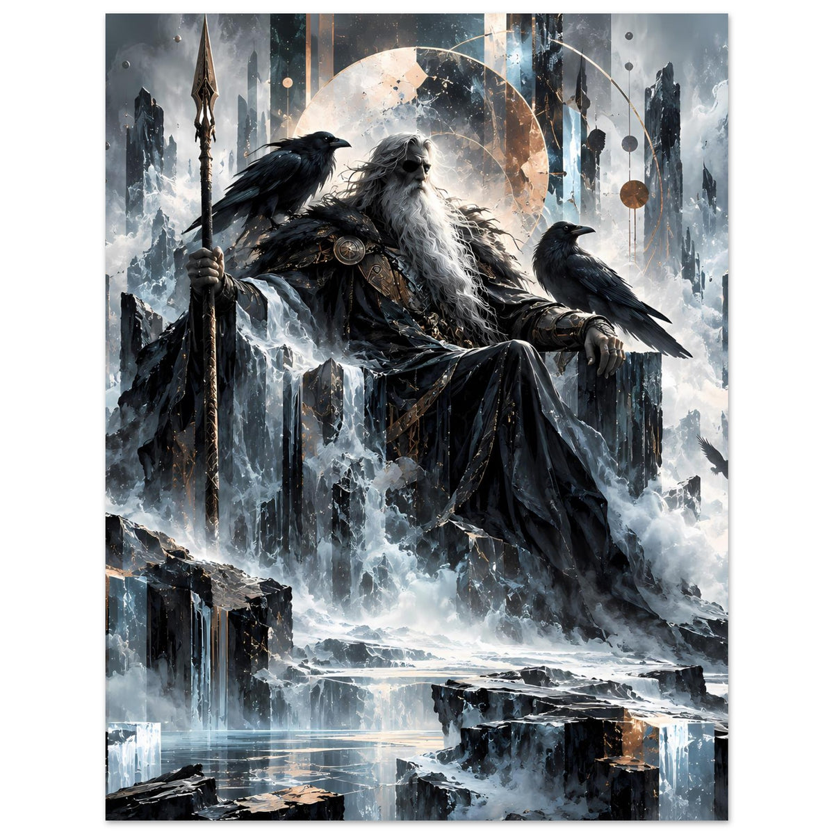 Mythologie-Poster: Odin mit langem Mantel am Thron, Rabe auf der Lehne