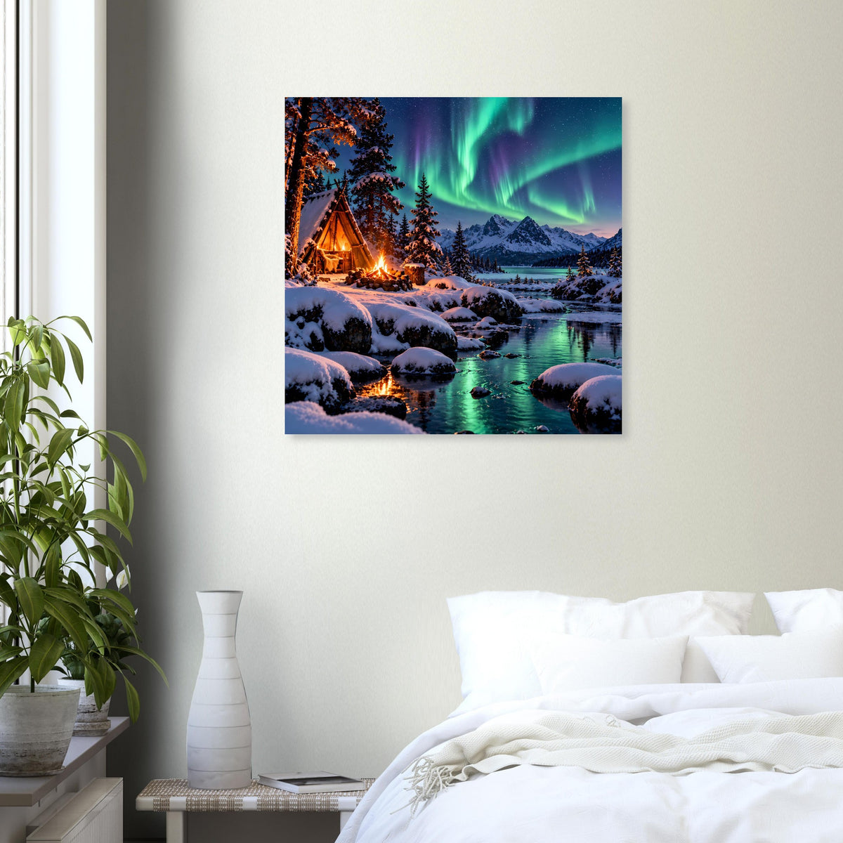 Blau gerahmtes Winterlandschaftsposter: Nordlichter über verschneiter Flusslandschaft