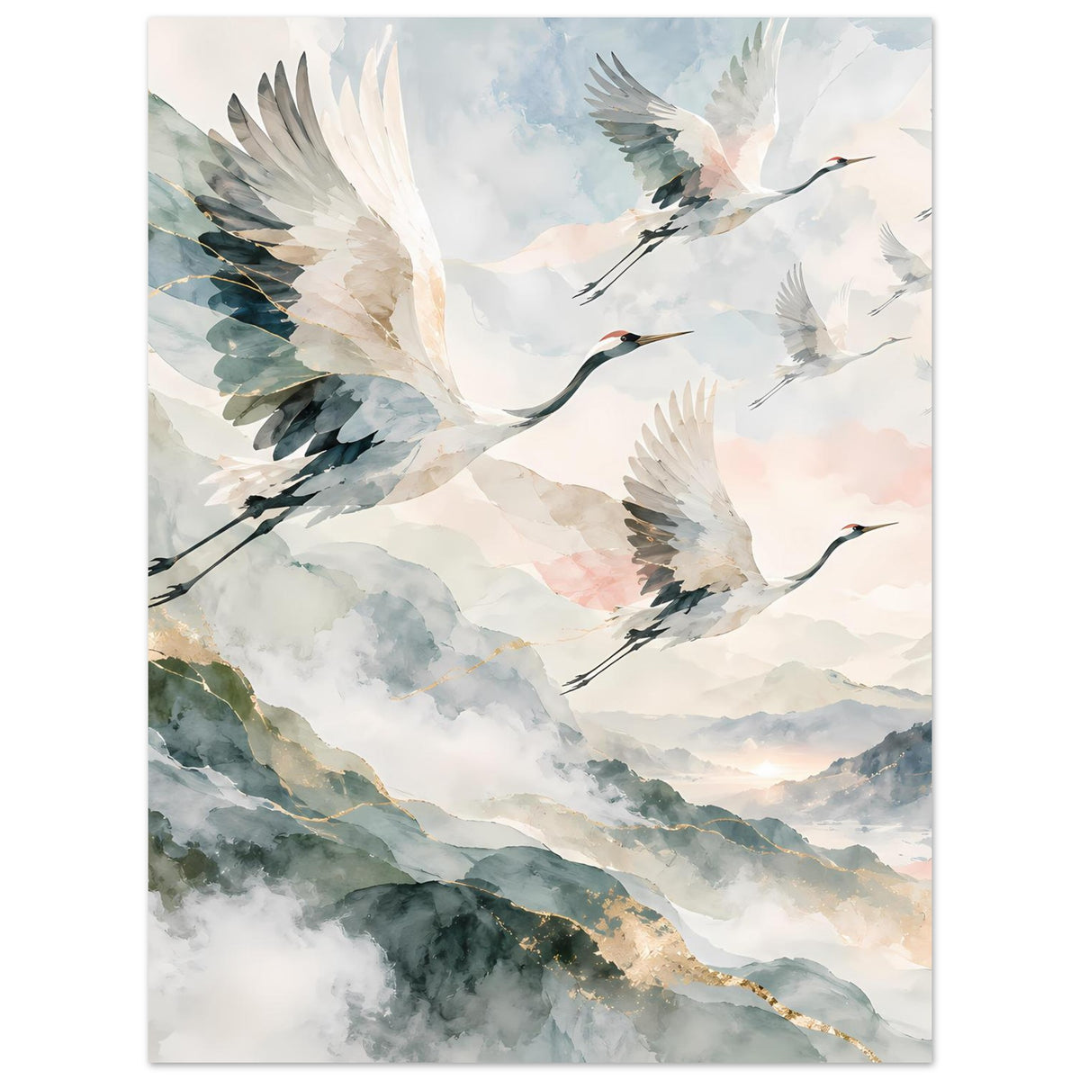 Wandposter mit Kranichen im Flug, sanftes Aquarell über Bergnebel, feine Goldakzente