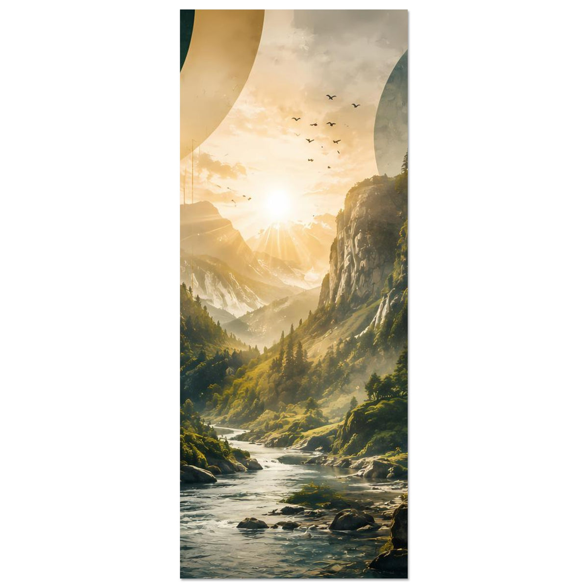 Landschaftsposter im Hochformat mit Wasserfall, Fluss und warmem Sonnenaufgang