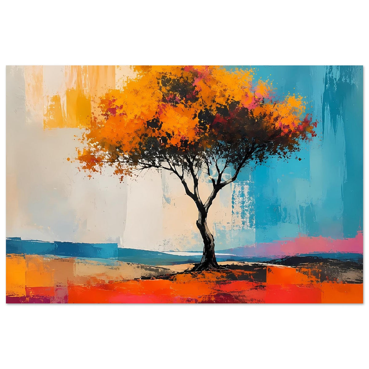 Abstraktes Poster: dunkler Baum vor orangefarbenen und türkisblauen Pinselstrichen
