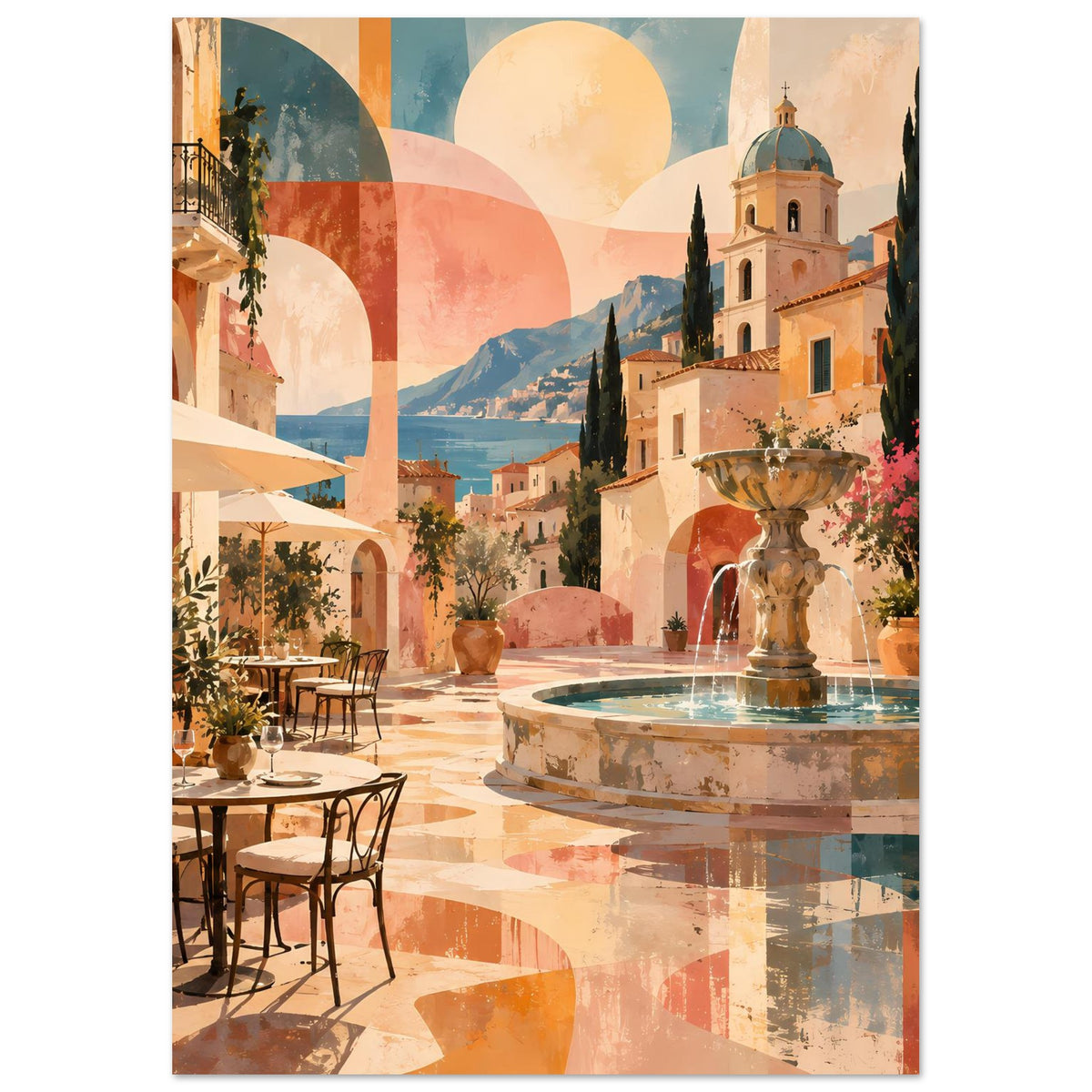 Mediterranes Poster im Hochformat: Blick auf Kirche mit Kuppel, Brunnen und mediterranen Bögen in Pastell