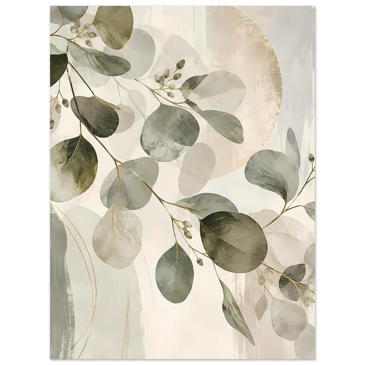 Kunstposter mit abstrahierten Zweigen und Blättern, olivgrün, grau und beige, sanfte Akzente
