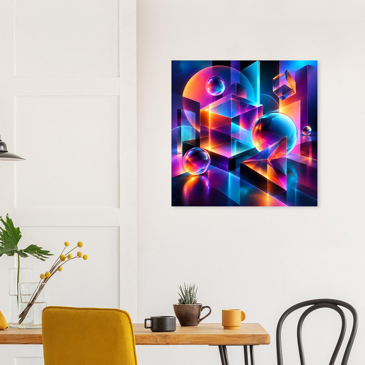 Neon-Geometry-Poster, quadratisches Motiv mit bunten geometrischen Elementen und Kreisen