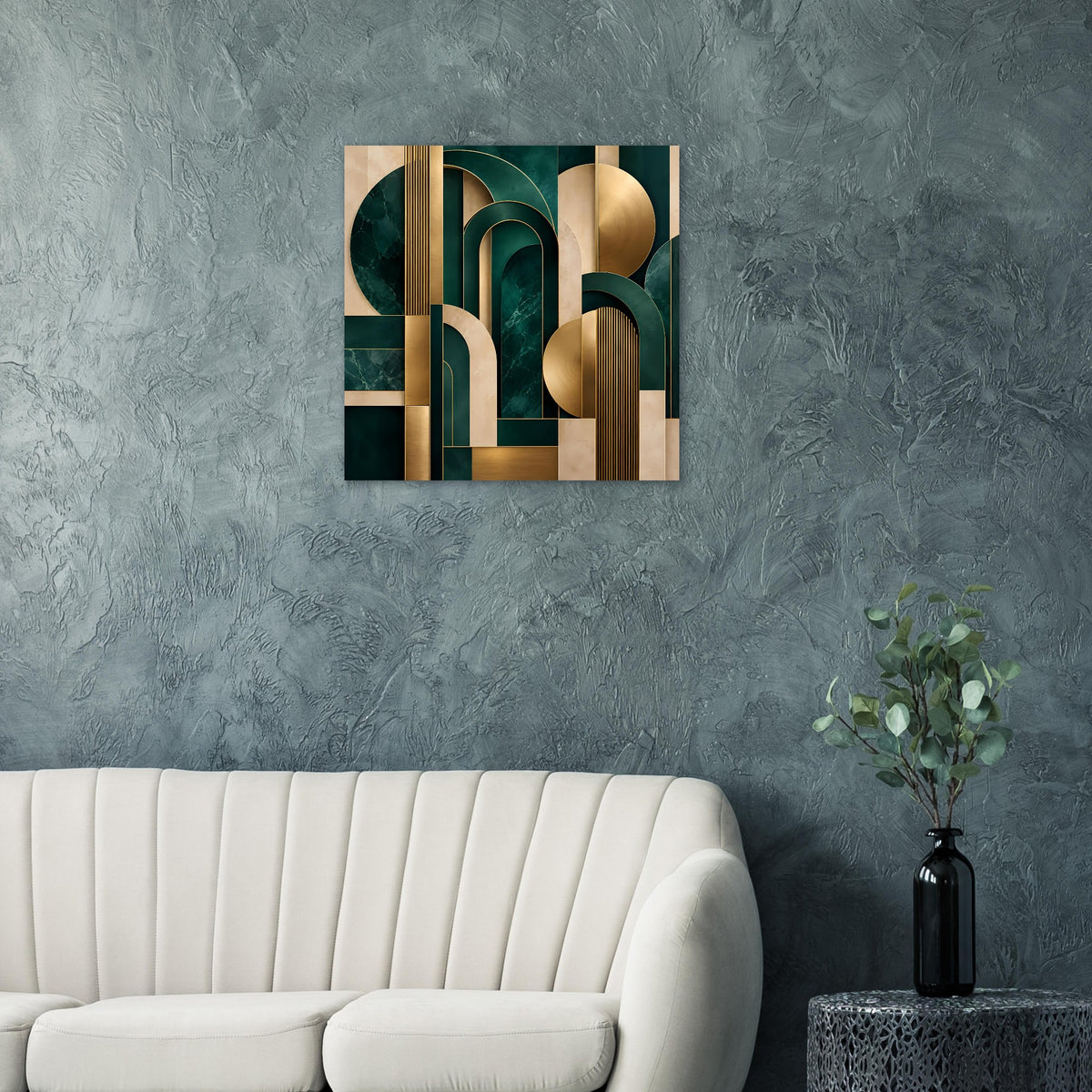 Quadratisches Art-Deco-Poster mit goldenen Balken und dunkelgrünen Rundformen