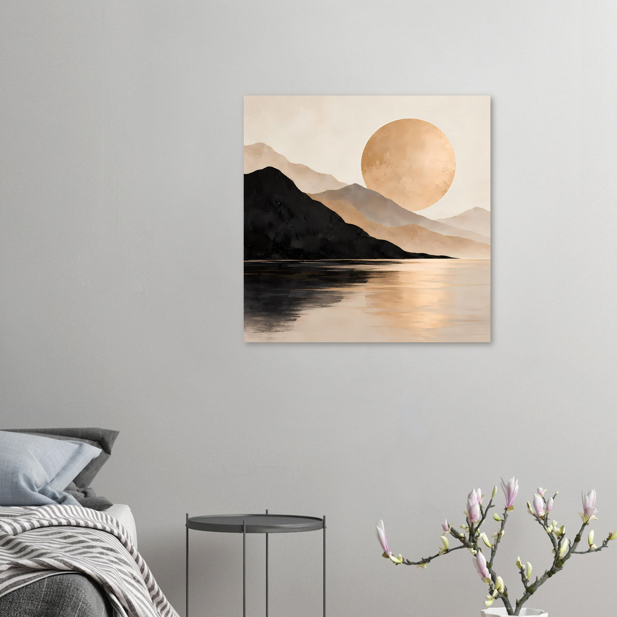 Kleines Poster mit Berglandschaft, See und goldener Sonne